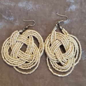 Cream Woven Seed Bead Hanging Earrings